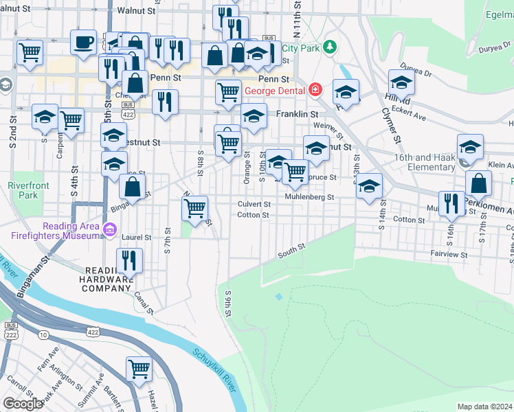 map of restaurants, bars, coffee shops, grocery stores, and more near 421 South 10th Street in Reading