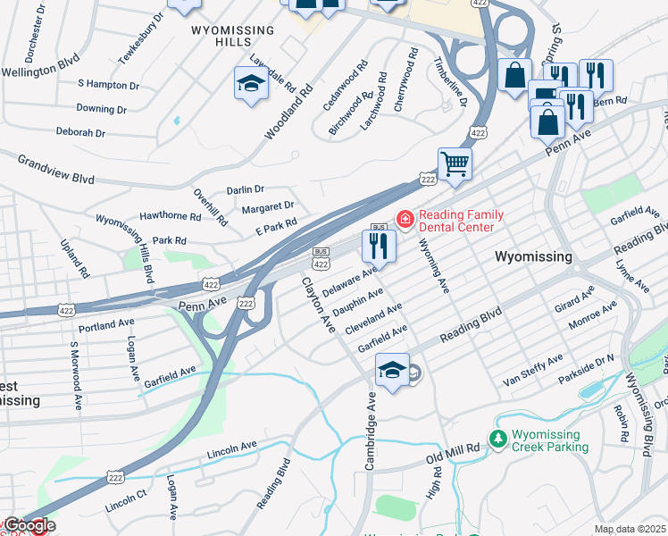 map of restaurants, bars, coffee shops, grocery stores, and more near 1614 Penn Avenue in Wyomissing