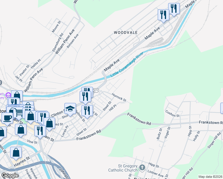 map of restaurants, bars, coffee shops, grocery stores, and more near 1091 Church Avenue in Johnstown