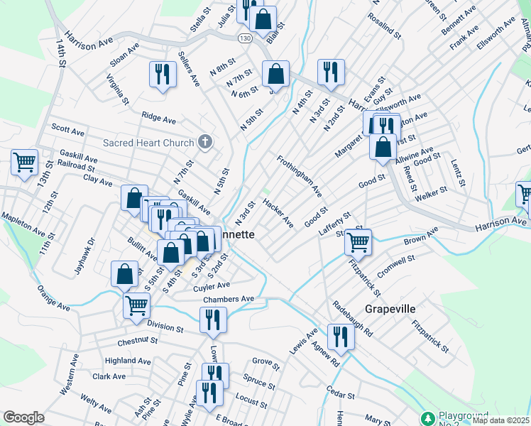 map of restaurants, bars, coffee shops, grocery stores, and more near 150 Hacker Avenue in Jeannette