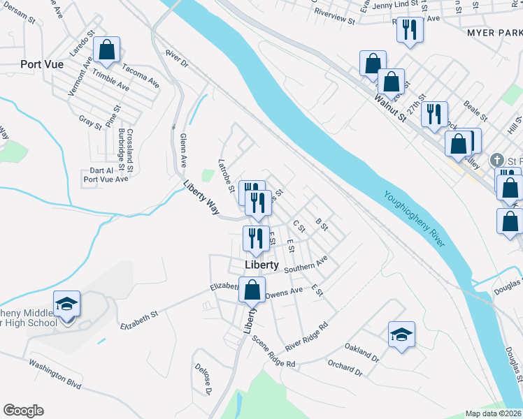 map of restaurants, bars, coffee shops, grocery stores, and more near 2605 Liberty Way in McKeesport
