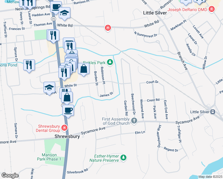 map of restaurants, bars, coffee shops, grocery stores, and more near 15 Sickles Place in Shrewsbury