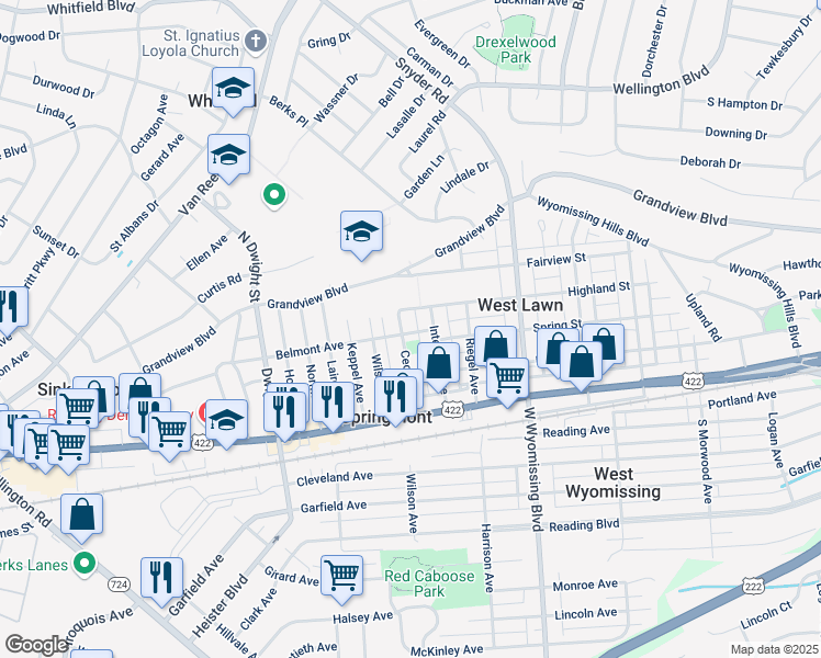 map of restaurants, bars, coffee shops, grocery stores, and more near 201 Cecil Avenue in West Lawn