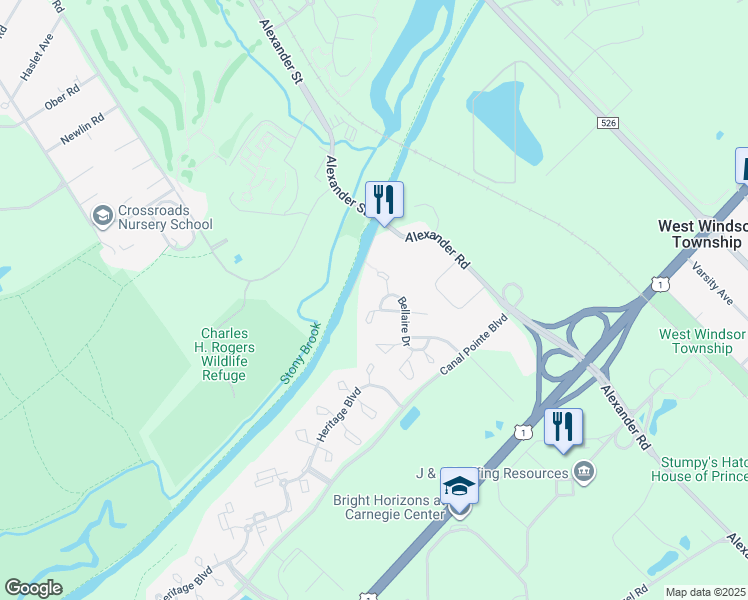 map of restaurants, bars, coffee shops, grocery stores, and more near 12 Bellaire Drive in Princeton