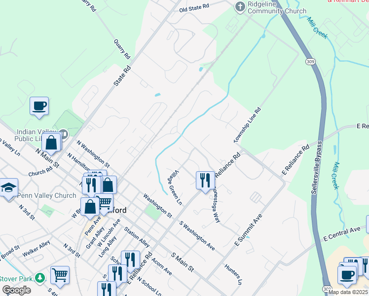 map of restaurants, bars, coffee shops, grocery stores, and more near 90 Stony Brook Circle in Telford
