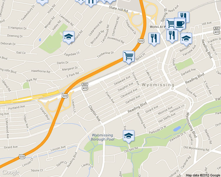 map of restaurants, bars, coffee shops, grocery stores, and more near 1548 Delaware Avenue in Wyomissing