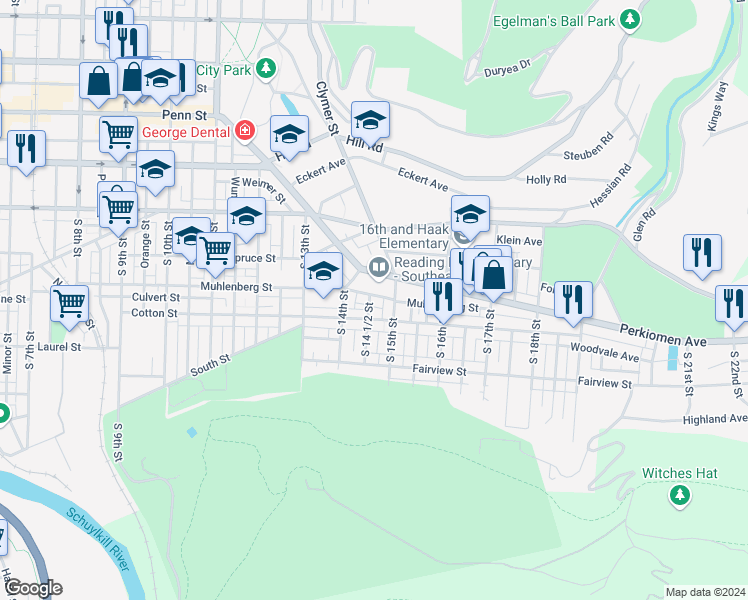 map of restaurants, bars, coffee shops, grocery stores, and more near 1434 Muhlenberg Street in Reading