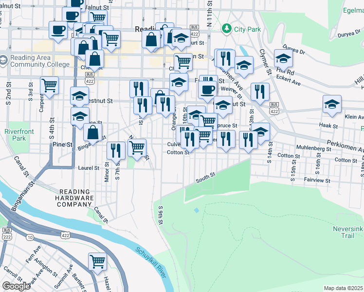 map of restaurants, bars, coffee shops, grocery stores, and more near 418 South 10th Street in Reading