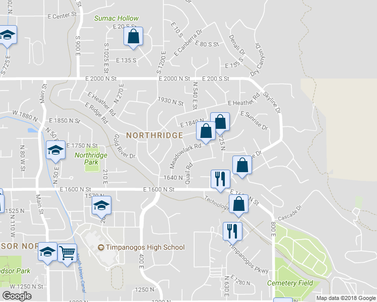 map of restaurants, bars, coffee shops, grocery stores, and more near 1712 North Bluebird Road in Orem