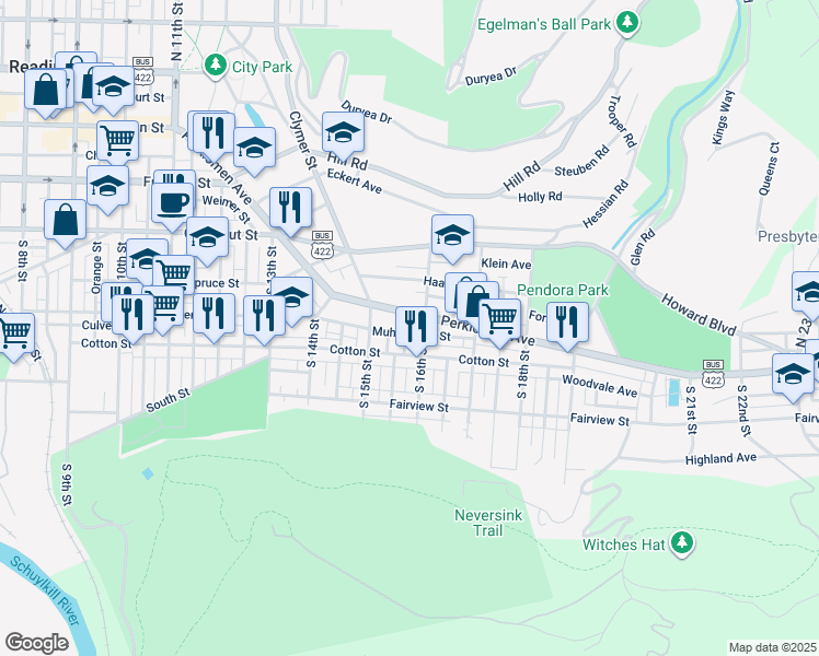 map of restaurants, bars, coffee shops, grocery stores, and more near 1552 Perkiomen Avenue in Reading