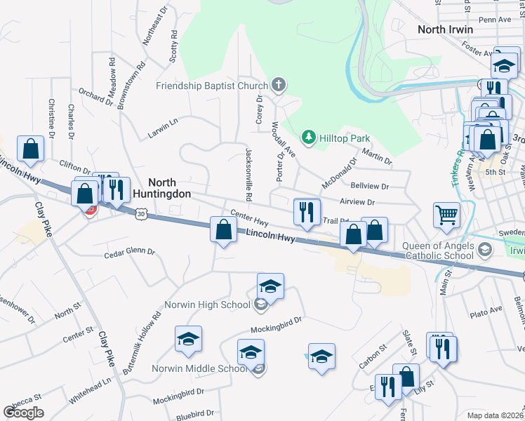 map of restaurants, bars, coffee shops, grocery stores, and more near 10969 Center Highway in Irwin