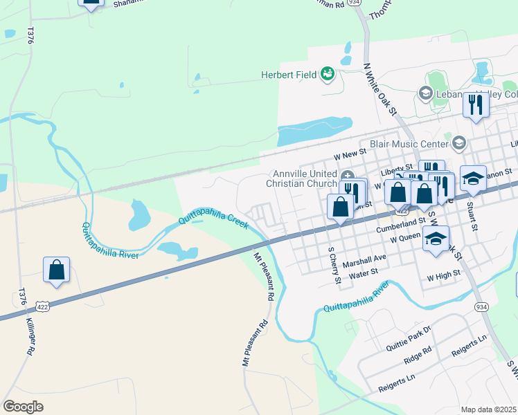map of restaurants, bars, coffee shops, grocery stores, and more near 30 Stonehill Park in Annville
