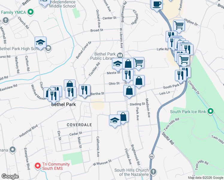map of restaurants, bars, coffee shops, grocery stores, and more near 2736 Bertha St in Bethel Park