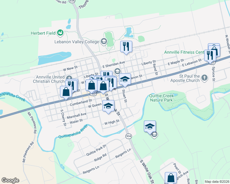 map of restaurants, bars, coffee shops, grocery stores, and more near 24 South Manheim Street in Annville