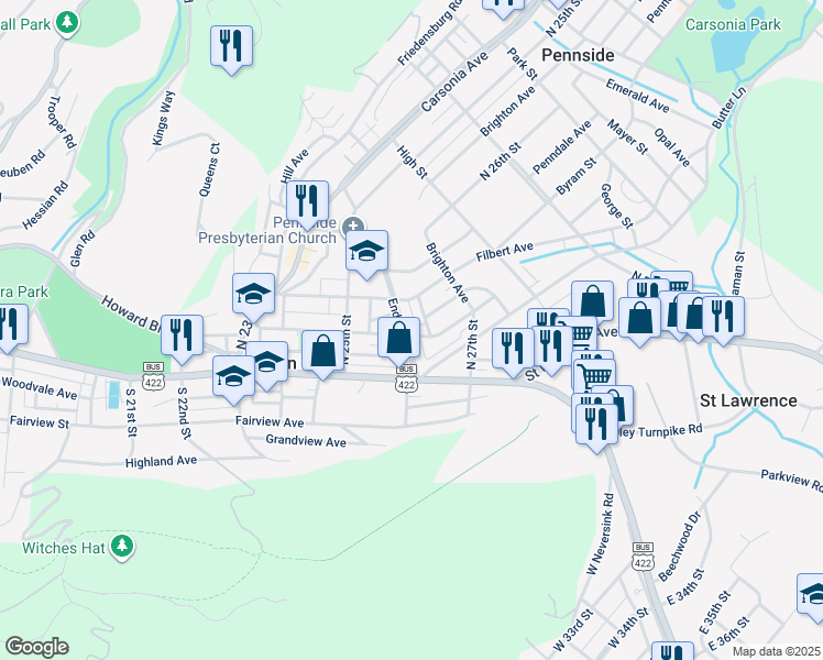 map of restaurants, bars, coffee shops, grocery stores, and more near 101 Endlich Avenue in Mount Penn