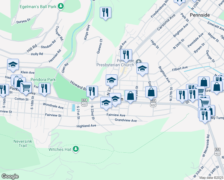 map of restaurants, bars, coffee shops, grocery stores, and more near 2306 Cumberland Avenue in Mount Penn