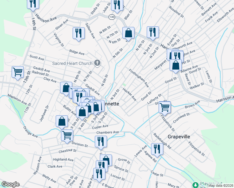 map of restaurants, bars, coffee shops, grocery stores, and more near 122 North 3rd Street in Jeannette