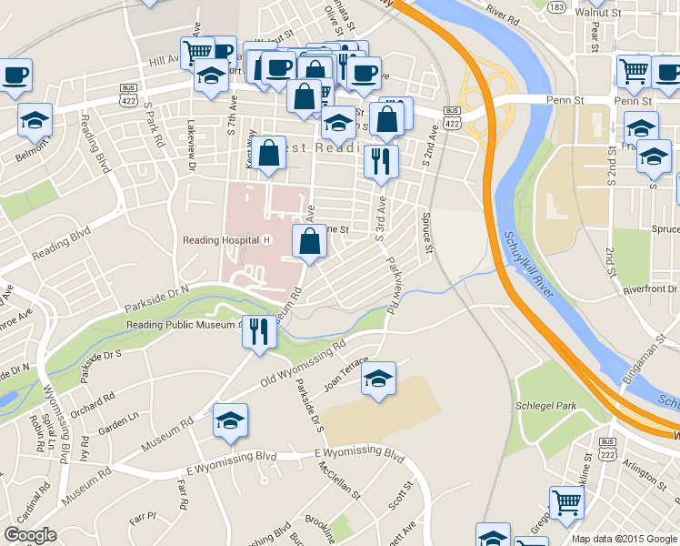 map of restaurants, bars, coffee shops, grocery stores, and more near 422 Sycamore Road in West Reading
