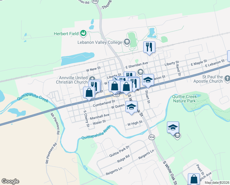 map of restaurants, bars, coffee shops, grocery stores, and more near 125 West Main Street in Annville