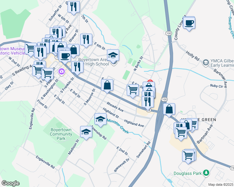 map of restaurants, bars, coffee shops, grocery stores, and more near 633 East Philadelphia Avenue in Boyertown