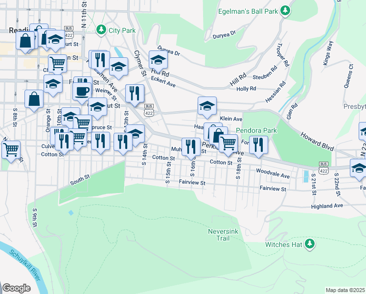 map of restaurants, bars, coffee shops, grocery stores, and more near 1536 Perkiomen Avenue in Reading