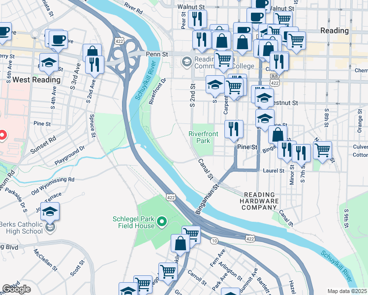 map of restaurants, bars, coffee shops, grocery stores, and more near 475 Riverfront Drive in Reading