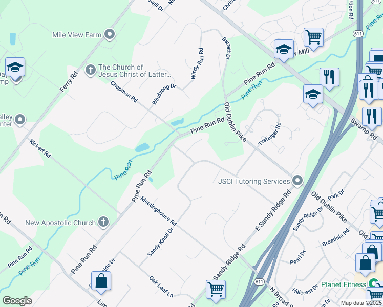 map of restaurants, bars, coffee shops, grocery stores, and more near 43 Cedar Woods Circle in Doylestown