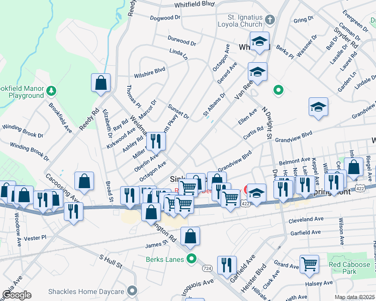map of restaurants, bars, coffee shops, grocery stores, and more near 104 Thomas Place in Sinking Spring
