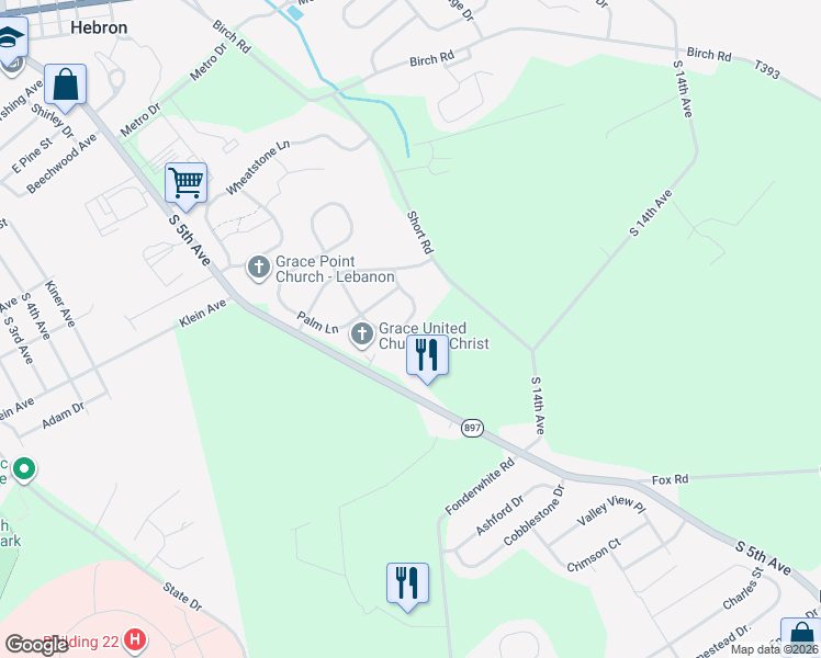 map of restaurants, bars, coffee shops, grocery stores, and more near 355 Timber Boulevard in Lebanon