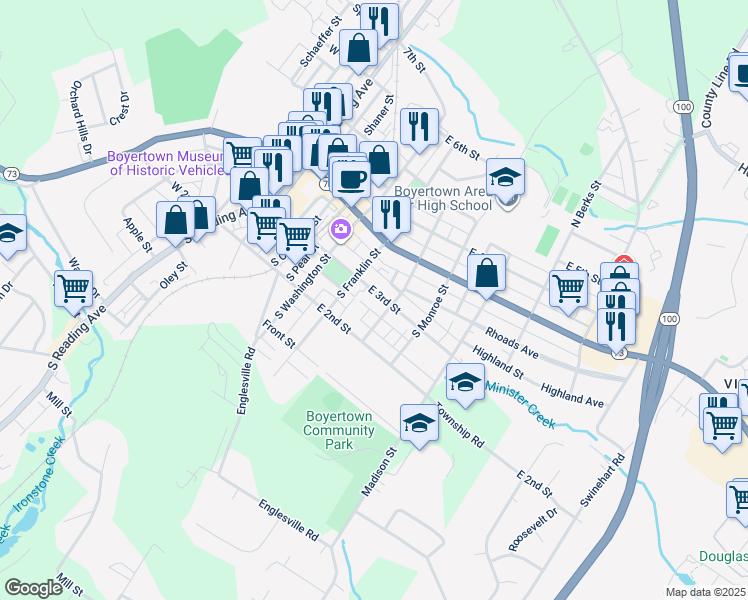 map of restaurants, bars, coffee shops, grocery stores, and more near 334 East 3rd Street in Boyertown