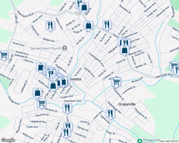 map of restaurants, bars, coffee shops, grocery stores, and more near 150 Hacker Avenue in Jeannette