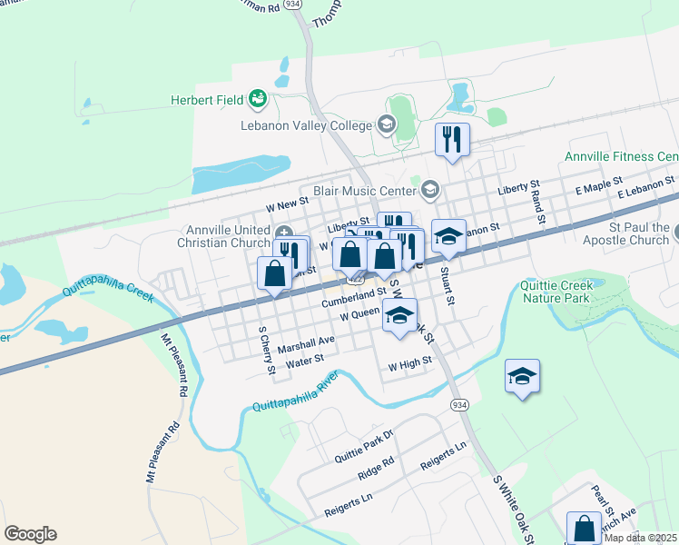 map of restaurants, bars, coffee shops, grocery stores, and more near 125 West Main Street in Annville