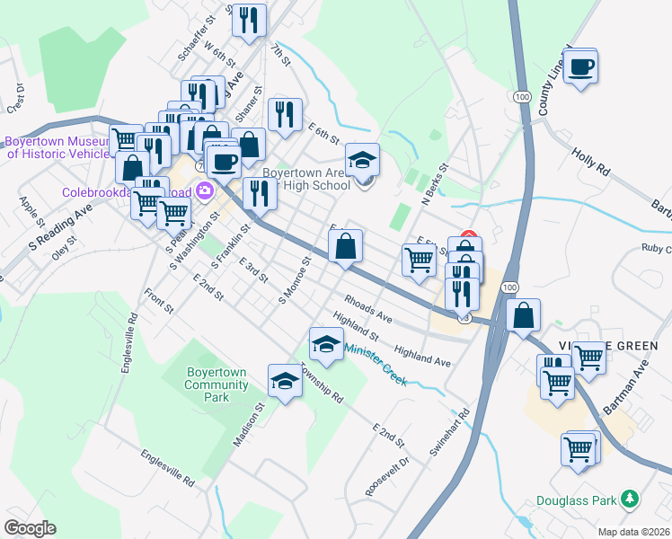 map of restaurants, bars, coffee shops, grocery stores, and more near 536 East Philadelphia Avenue in Boyertown