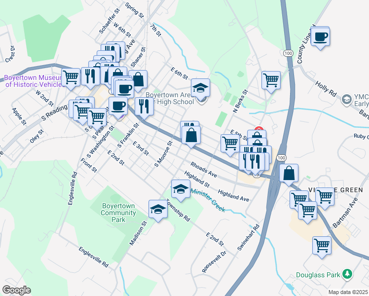 map of restaurants, bars, coffee shops, grocery stores, and more near 536 East Philadelphia Avenue in Boyertown