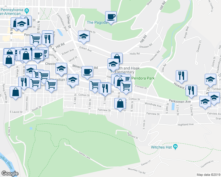 map of restaurants, bars, coffee shops, grocery stores, and more near 1613 Muhlenberg Street in Reading