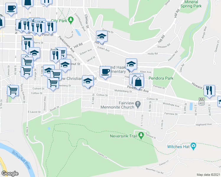 map of restaurants, bars, coffee shops, grocery stores, and more near 1448 Muhlenberg Street in Reading