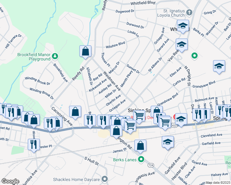 map of restaurants, bars, coffee shops, grocery stores, and more near 150 Miller Drive in Sinking Spring