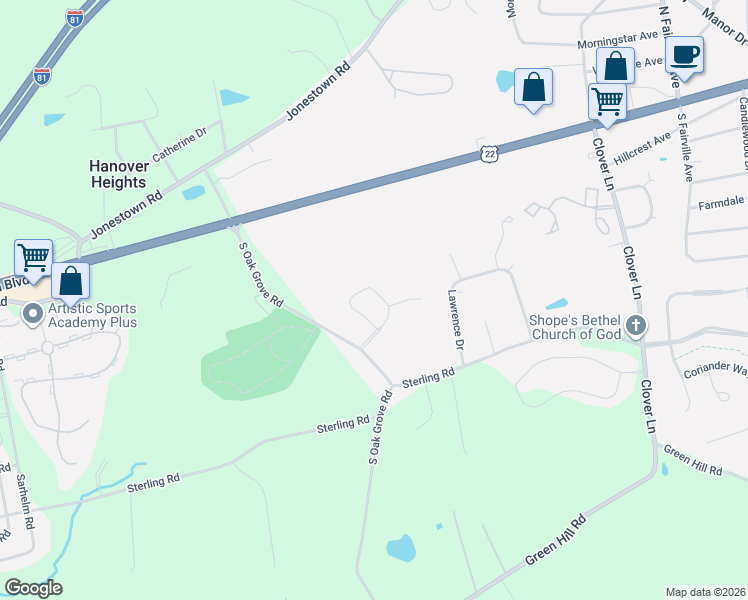 map of restaurants, bars, coffee shops, grocery stores, and more near 201 South Oak Grove Road in Harrisburg