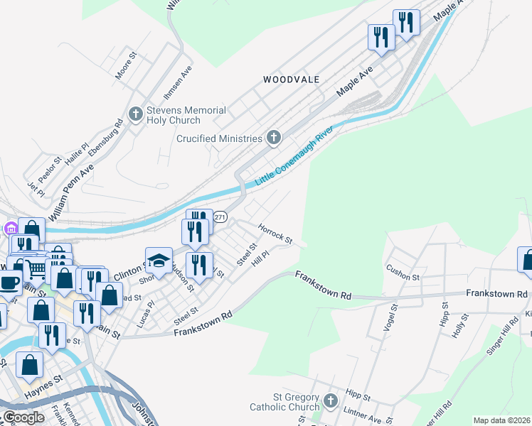 map of restaurants, bars, coffee shops, grocery stores, and more near 1110-1198 Ridge Avenue in Johnstown