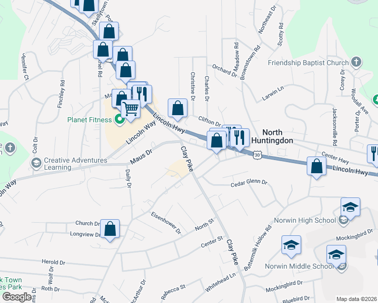 map of restaurants, bars, coffee shops, grocery stores, and more near 114 Clay Pike in Irwin