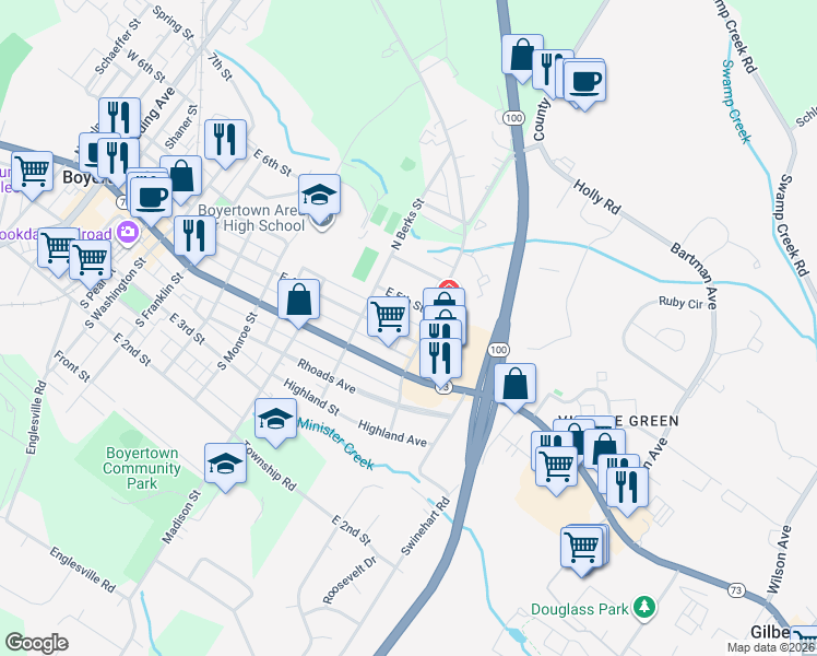 map of restaurants, bars, coffee shops, grocery stores, and more near 739 E 4th St in Boyertown