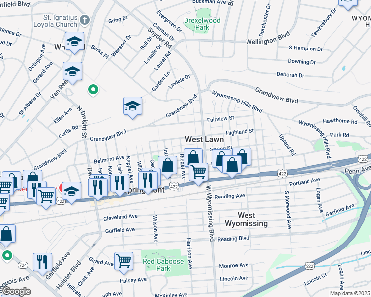 map of restaurants, bars, coffee shops, grocery stores, and more near 2335 Spring St in West Lawn