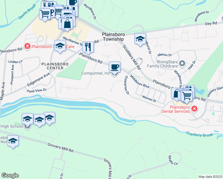 map of restaurants, bars, coffee shops, grocery stores, and more near 199 Morgan Lane in Plainsboro Township