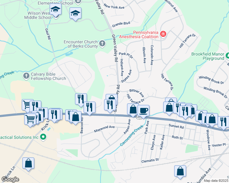 map of restaurants, bars, coffee shops, grocery stores, and more near 70 Green Valley Road in Sinking Spring