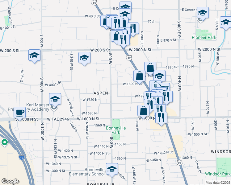 map of restaurants, bars, coffee shops, grocery stores, and more near 1736 North 760 West in Orem