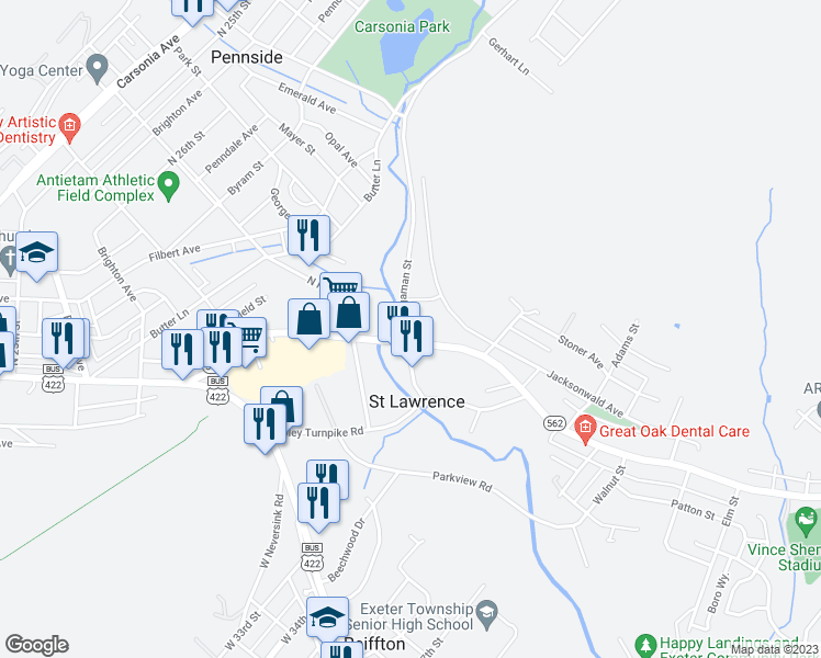 map of restaurants, bars, coffee shops, grocery stores, and more near 31 Bingaman Street in Reading