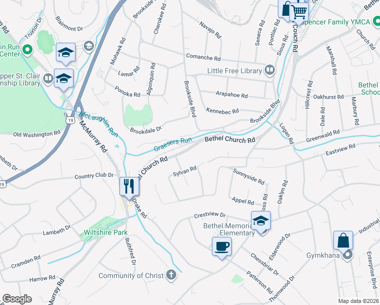 map of restaurants, bars, coffee shops, grocery stores, and more near 3309 Bethel Church Road in Bethel Park
