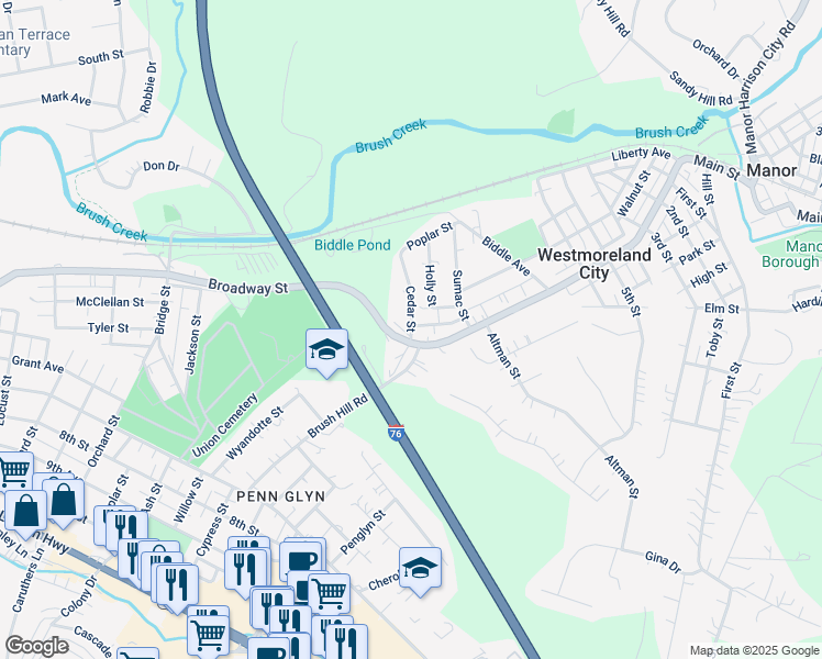 map of restaurants, bars, coffee shops, grocery stores, and more near 1190 Cedar Street in Westmoreland City