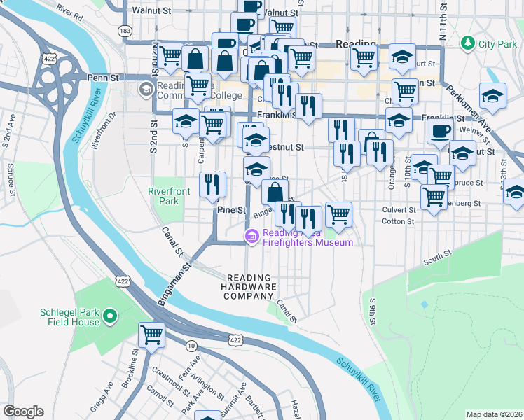 map of restaurants, bars, coffee shops, grocery stores, and more near 524 Bingaman Street in Reading