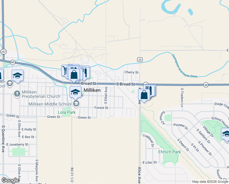 map of restaurants, bars, coffee shops, grocery stores, and more near 120 South Dorothy Avenue in Milliken